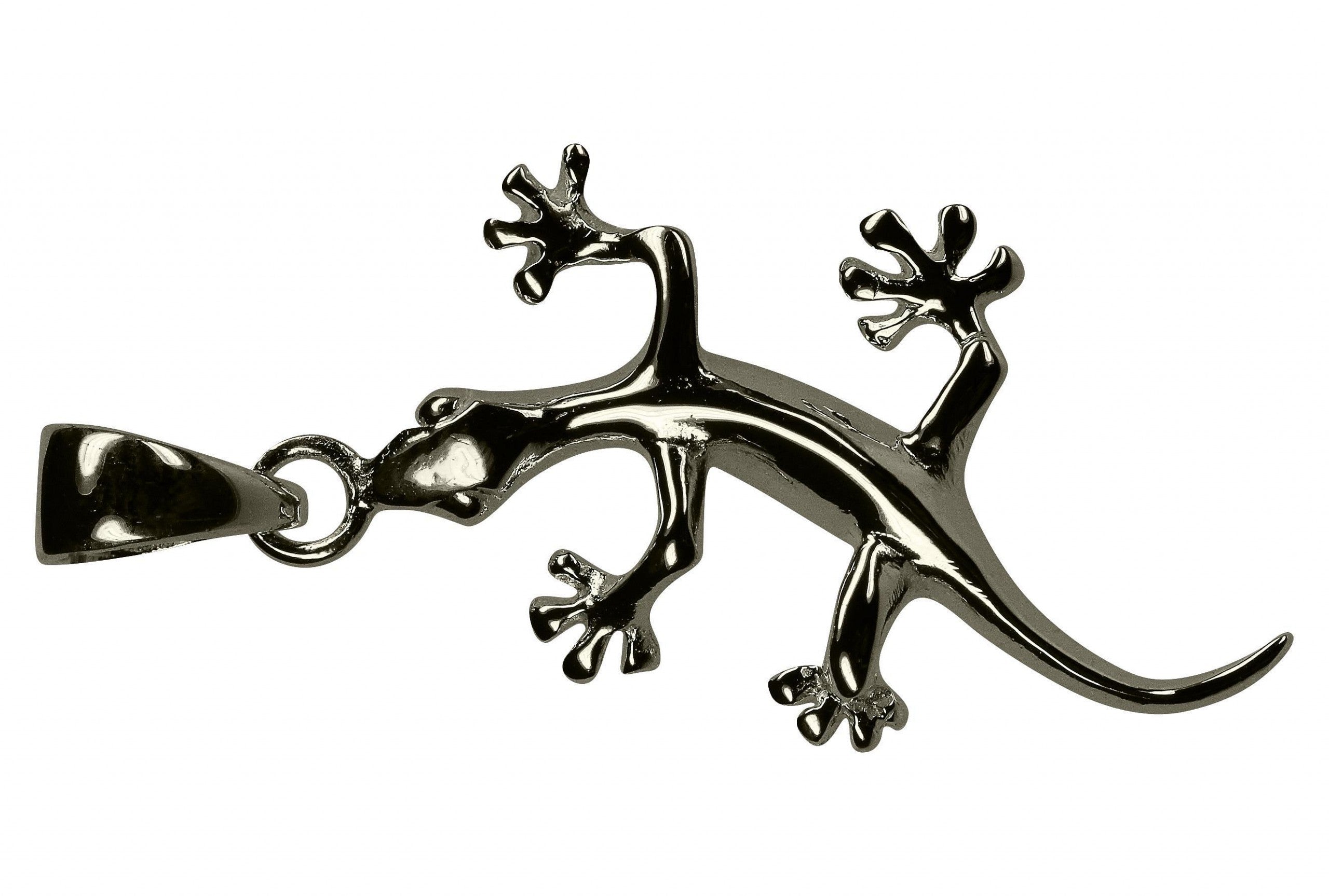 Fein modellierter Anhänger aus Silber in Form eines Geckos mit glänzender Oberfläche und einer Öse zum Fädeln am Kopf.