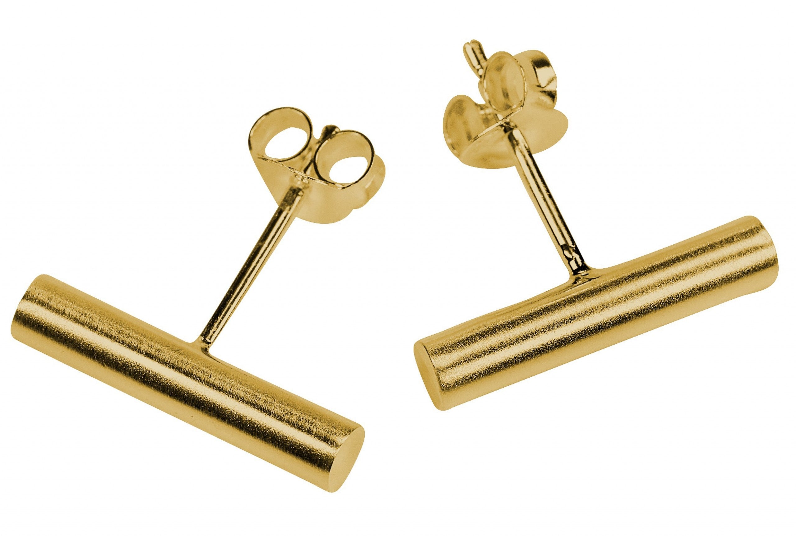 Ein Paar Ohrstecker für Damen aus Silber und mit Gold plattiert in Form eines Stäbchens mit mattierter Oberfläche.