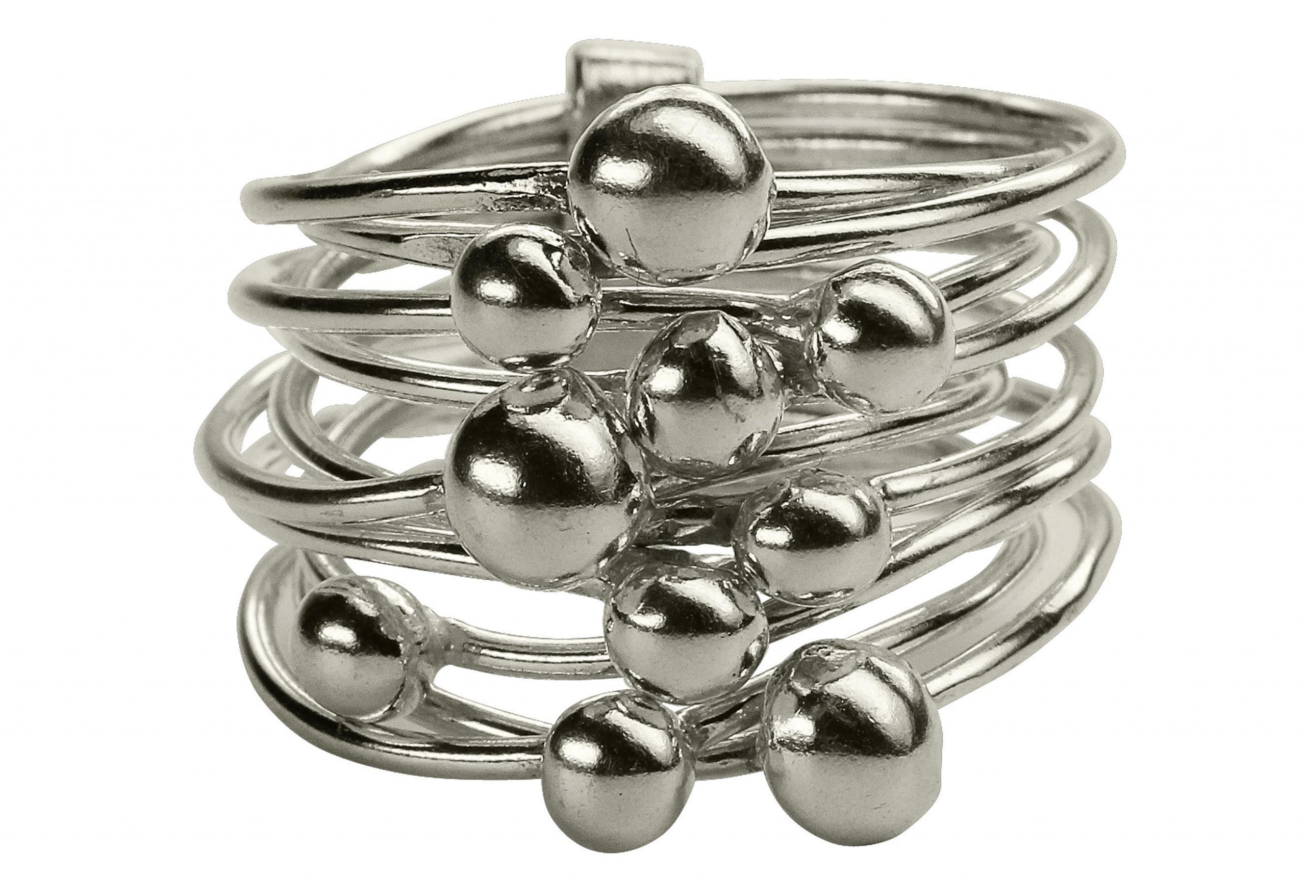 Kugelring aus Silber für Damen bestehend aus zehn beweglichen kleinen Ringen auf denen jeweils eine kleine Kugel thront.