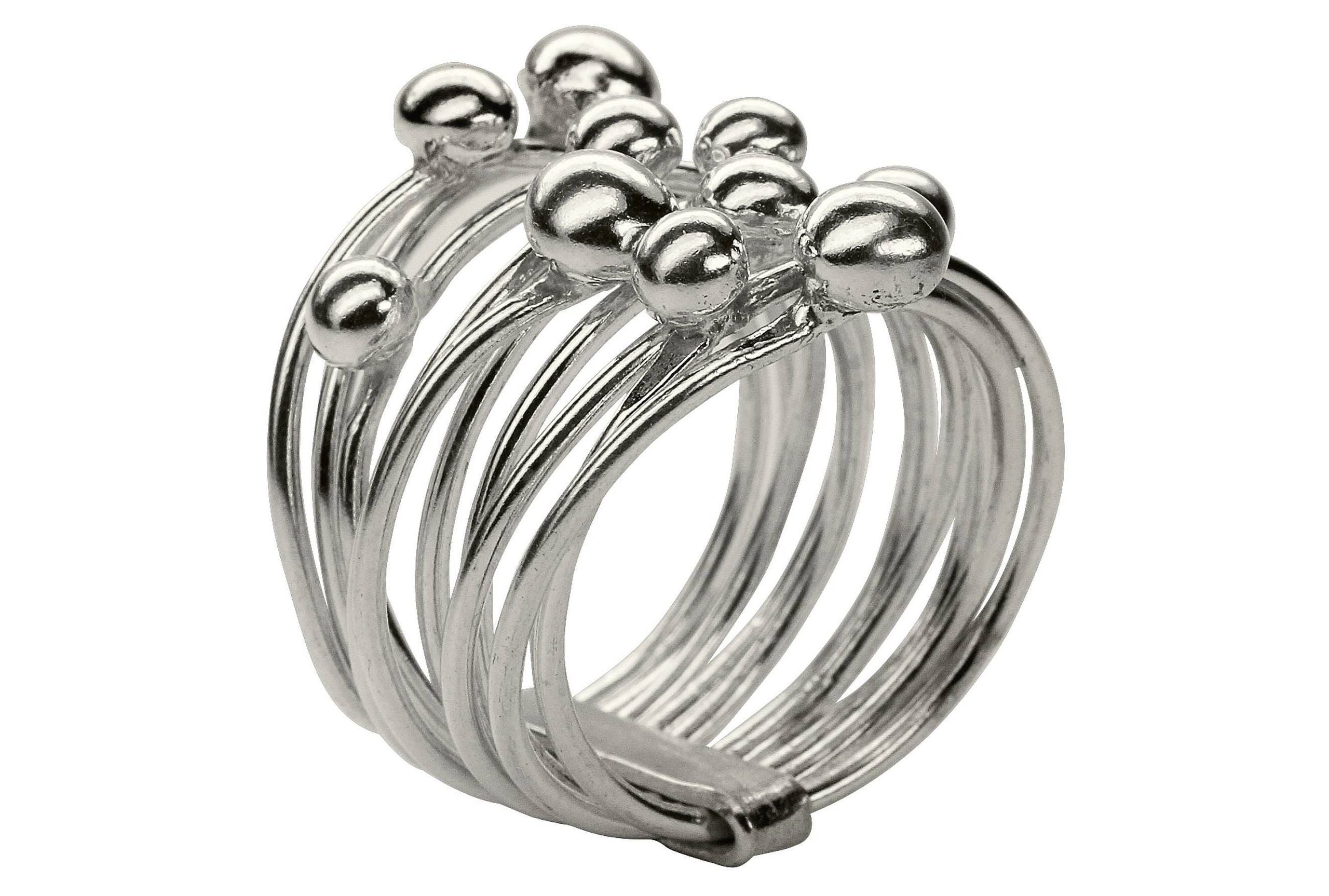 Kugelring aus Silber für Damen bestehend aus zehn beweglichen kleinen Ringen auf denen jeweils eine kleine Kugel thront.