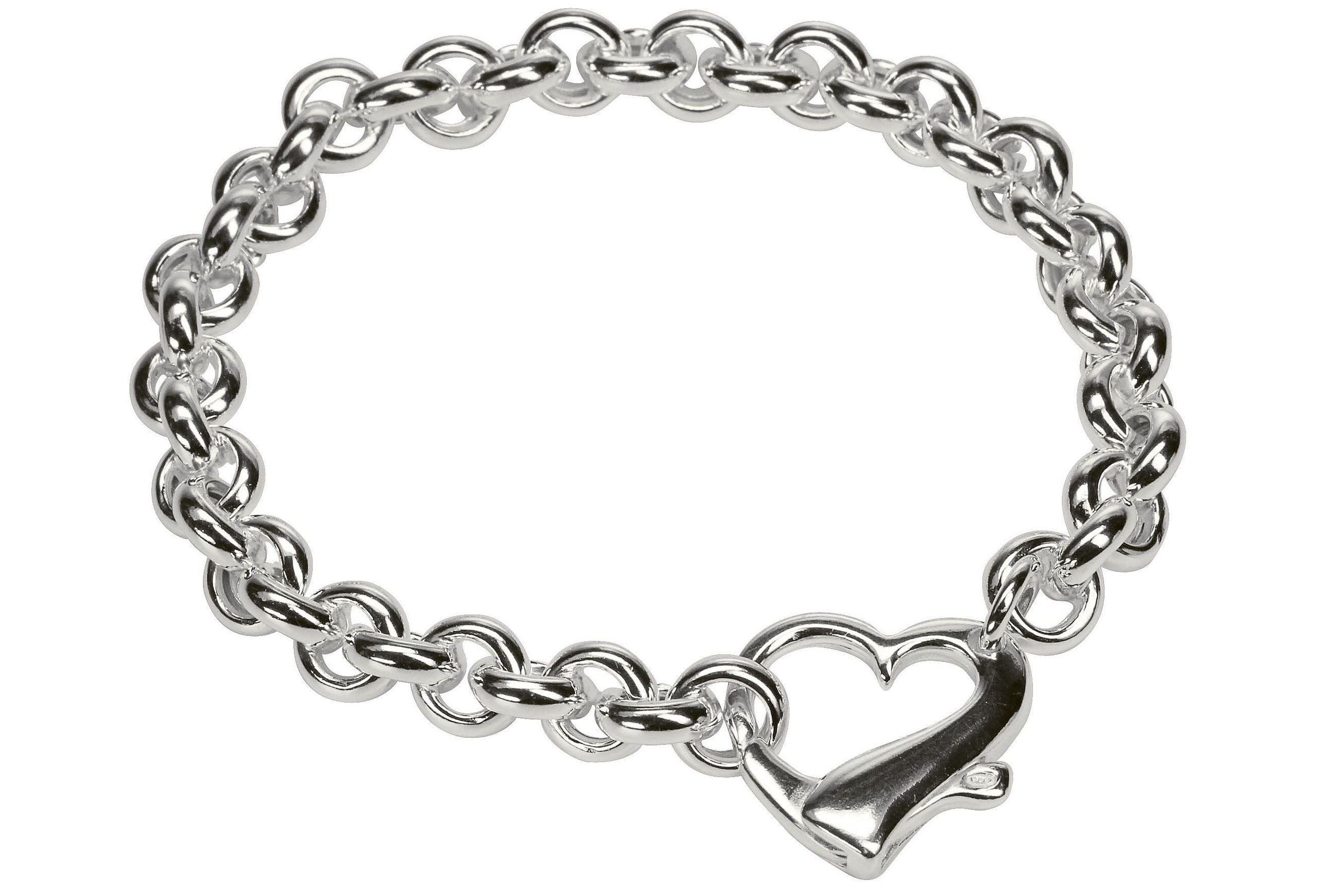 Ein massives Herzarmband aus Silber für Damen mit einem dekorativen Herz als Verschluss.
