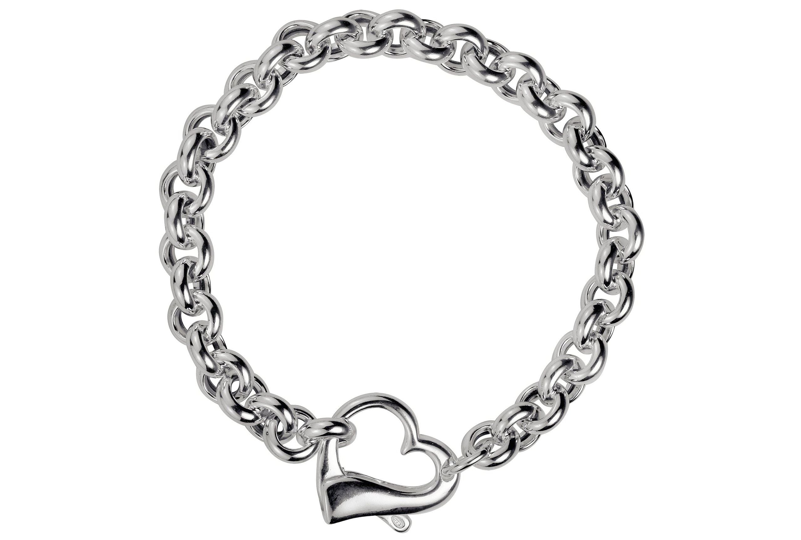 Ein massives Herzarmband aus Silber für Damen mit einem dekorativen Herz als Verschluss.
