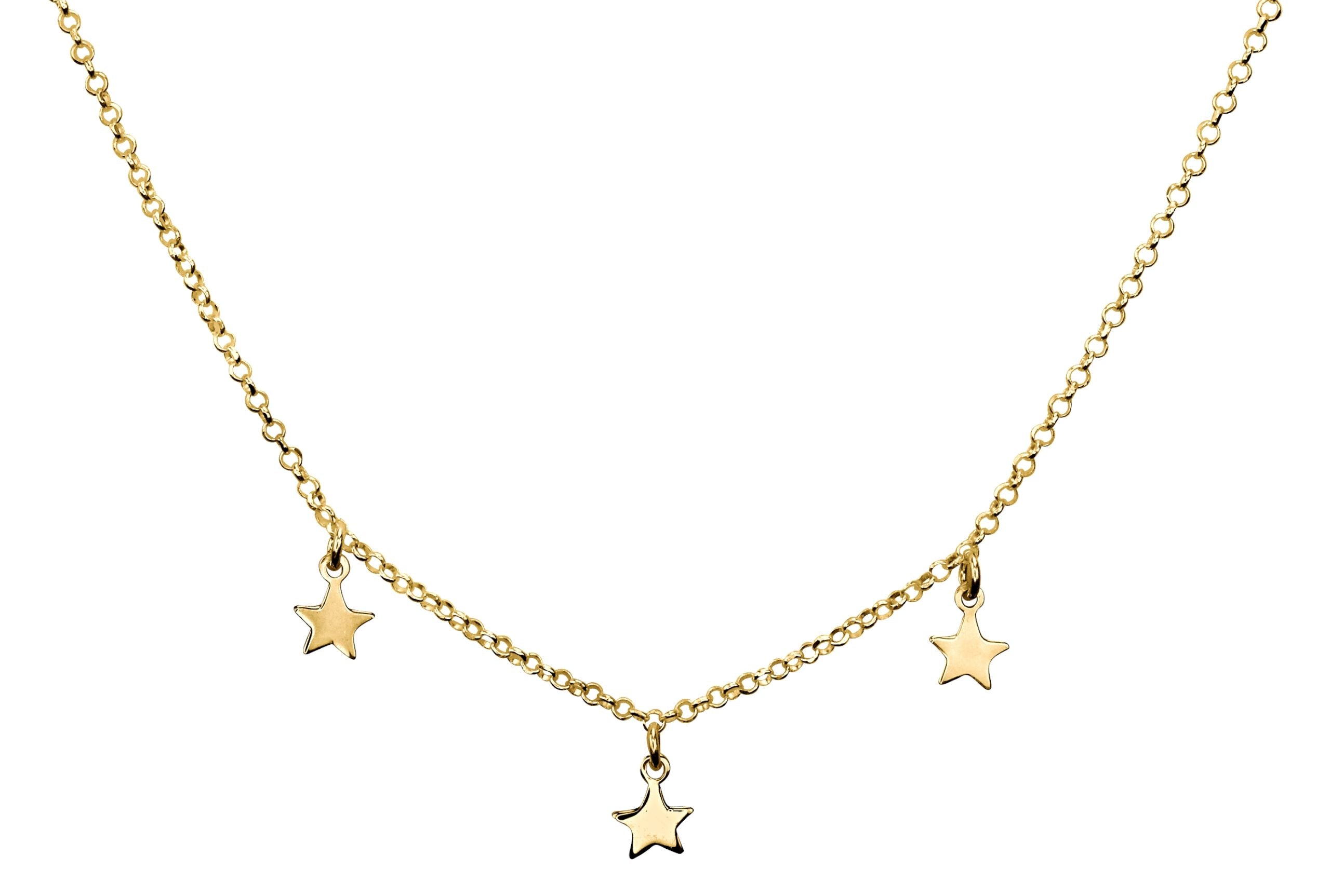 Eine feine Ankerkette aus gold-plattiertem Silber als Sternenkette mit drei kleinen Sternchen als Anhänger.