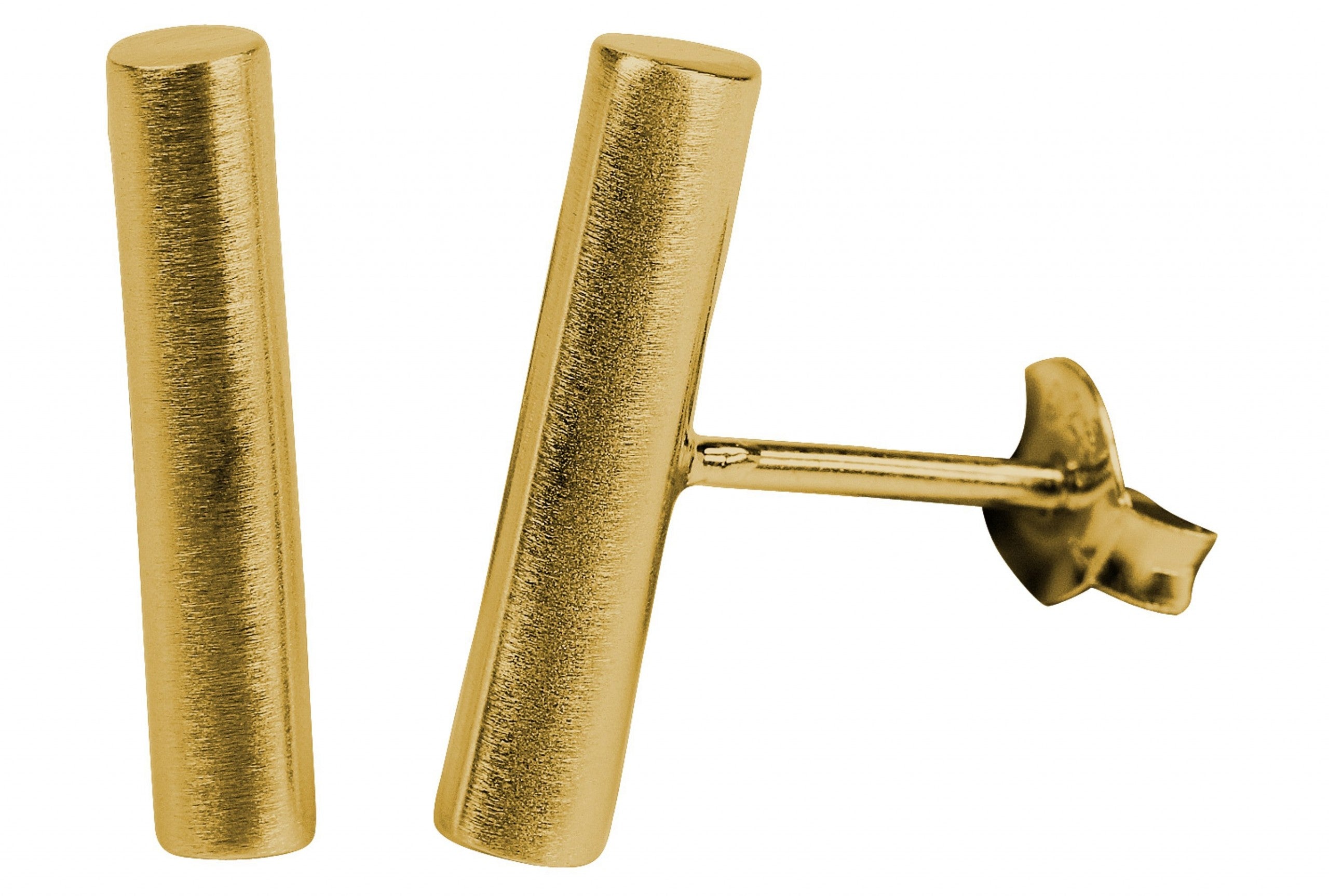 Ein Paar Ohrstecker für Damen aus Silber und mit Gold plattiert in Form eines Stäbchens mit mattierter Oberfläche.