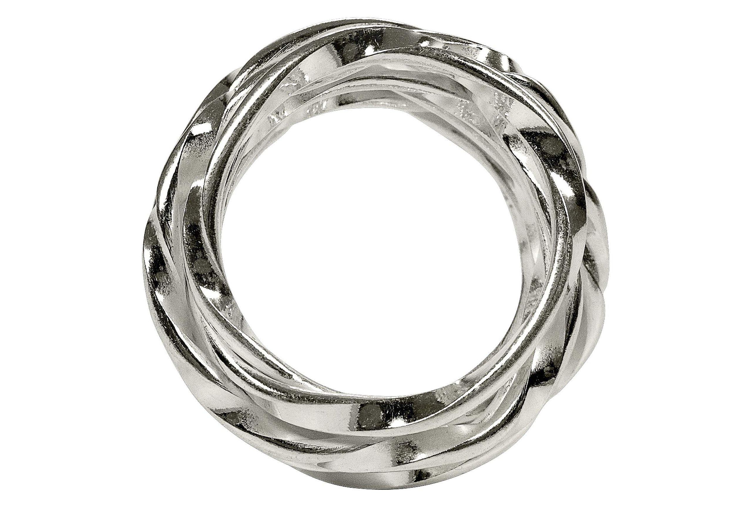 Ein Wickelring aus Silber für Damen, gearbeitet aus einem schlanken leicht gekordelten Strang, der sich mehrfach um den Finger wickelt, in den Größen von 64 bis 70.
