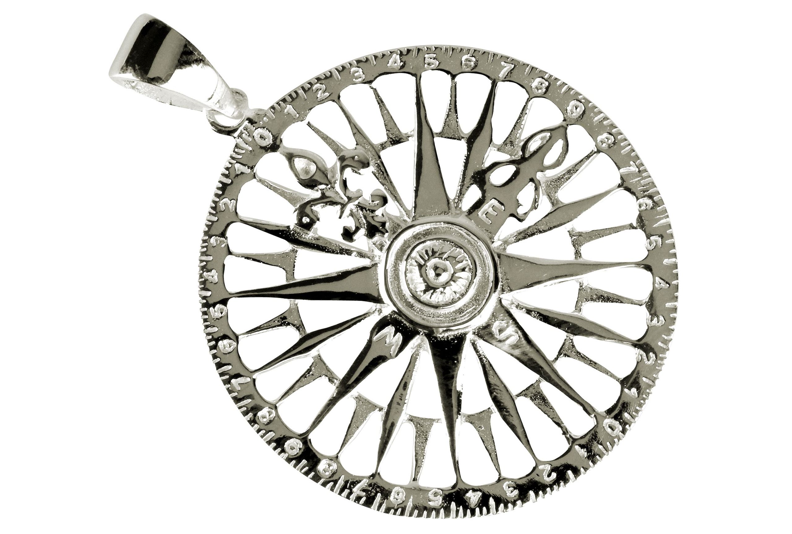 Ein detailiert gearbeiteter Kompass Anhänger aus Silber für Damen und Herren.