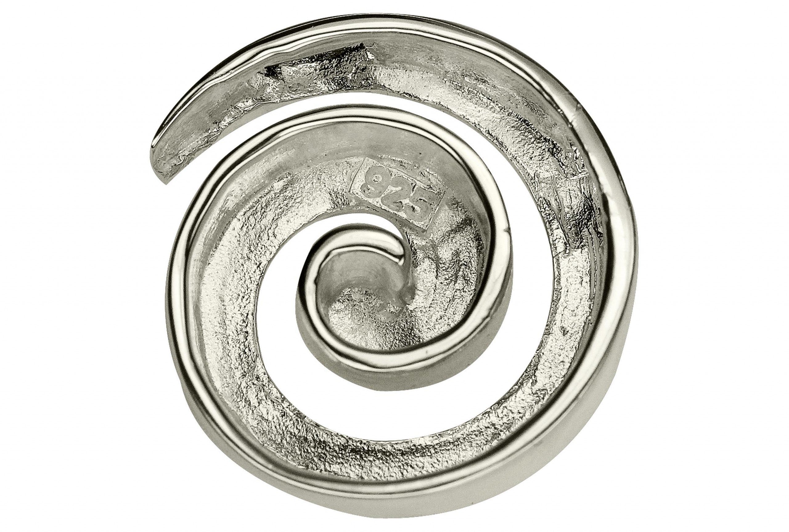 Anhänger aus Silber für Damen als Spirale mit mattierter Oberfläche. Der Anhänger besitzt geschickt versenkte Ösen, welche eine Kette mit ihm optisch verschmelzen lassen.