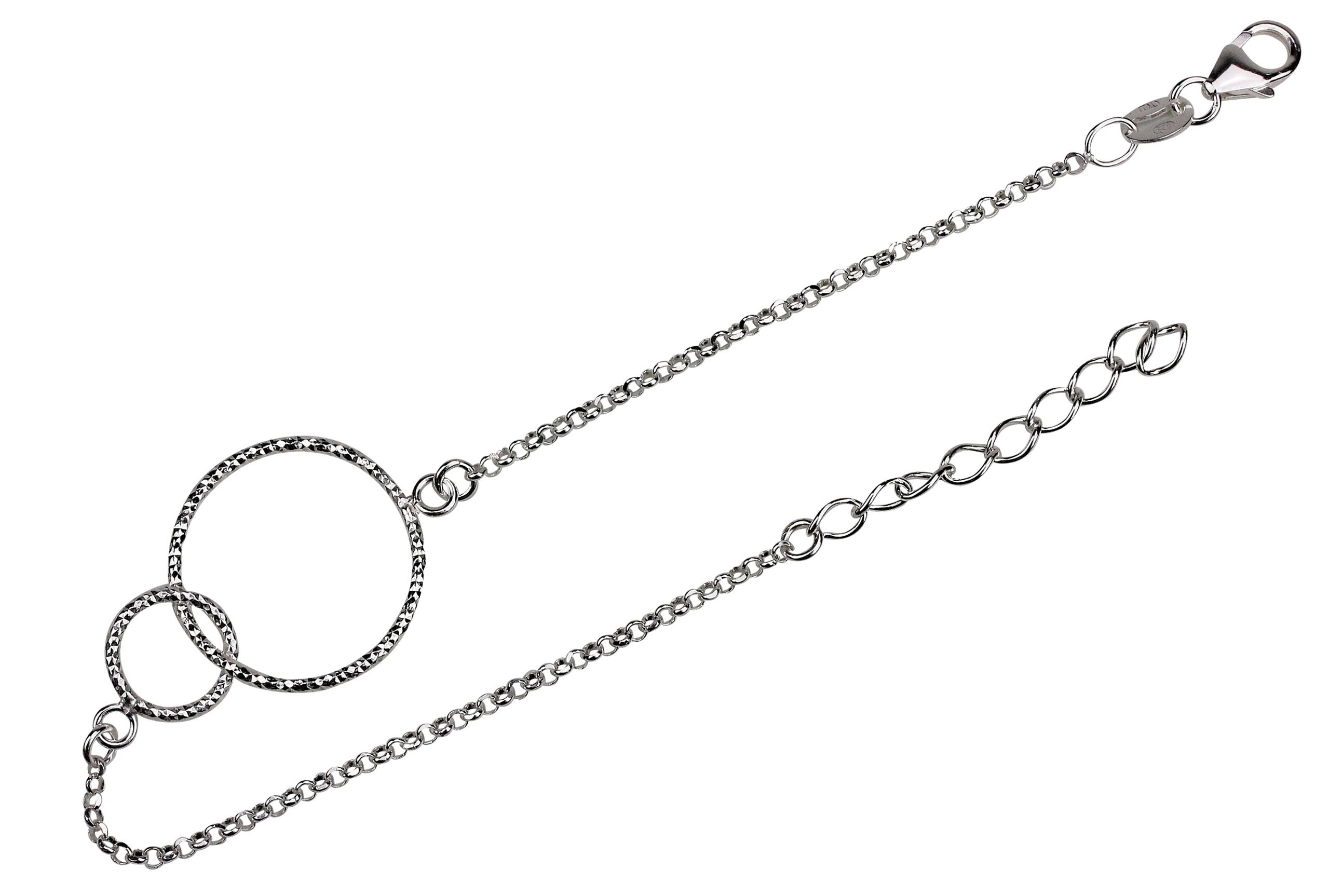 Ein Armband aus Silber aus einer Ankerkette mit zwei ineinander greifenden Kreisen für Damen.