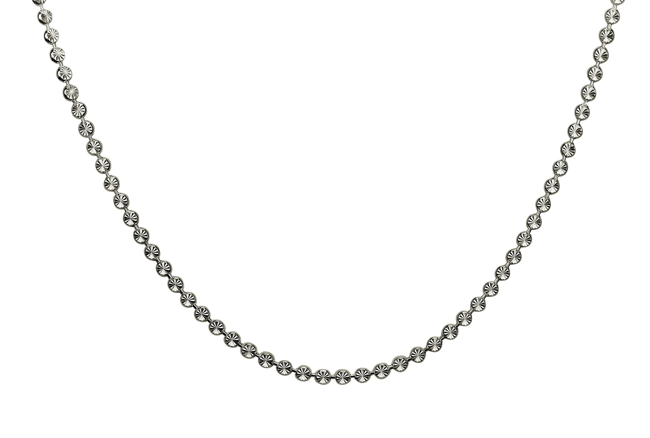Eine Collier Kette mit Gliedern in Blütenform aus Silber für Damen mit einem Karabinerverschluss.