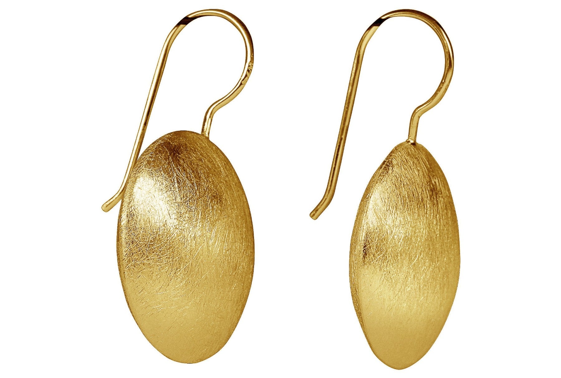 Große runde Ohrhänger aus vergoldetem Silber für Damen in Form eines Knopfs, die eine mattierte Oberfläche aufweisen.