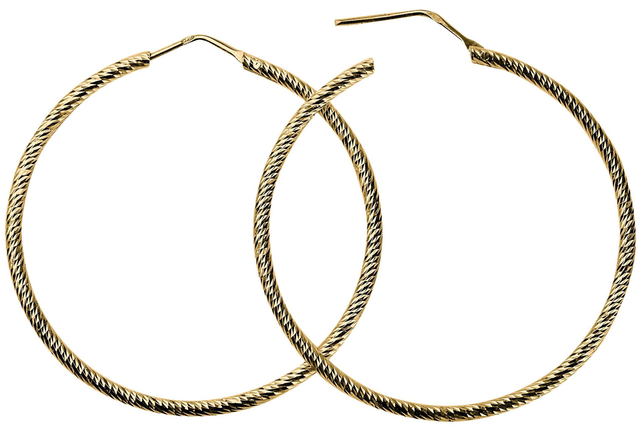 Ein Paar extra große runde Creolen mit diamantiert angeschliffener und gold-plattierter Oberfläche für Damen.