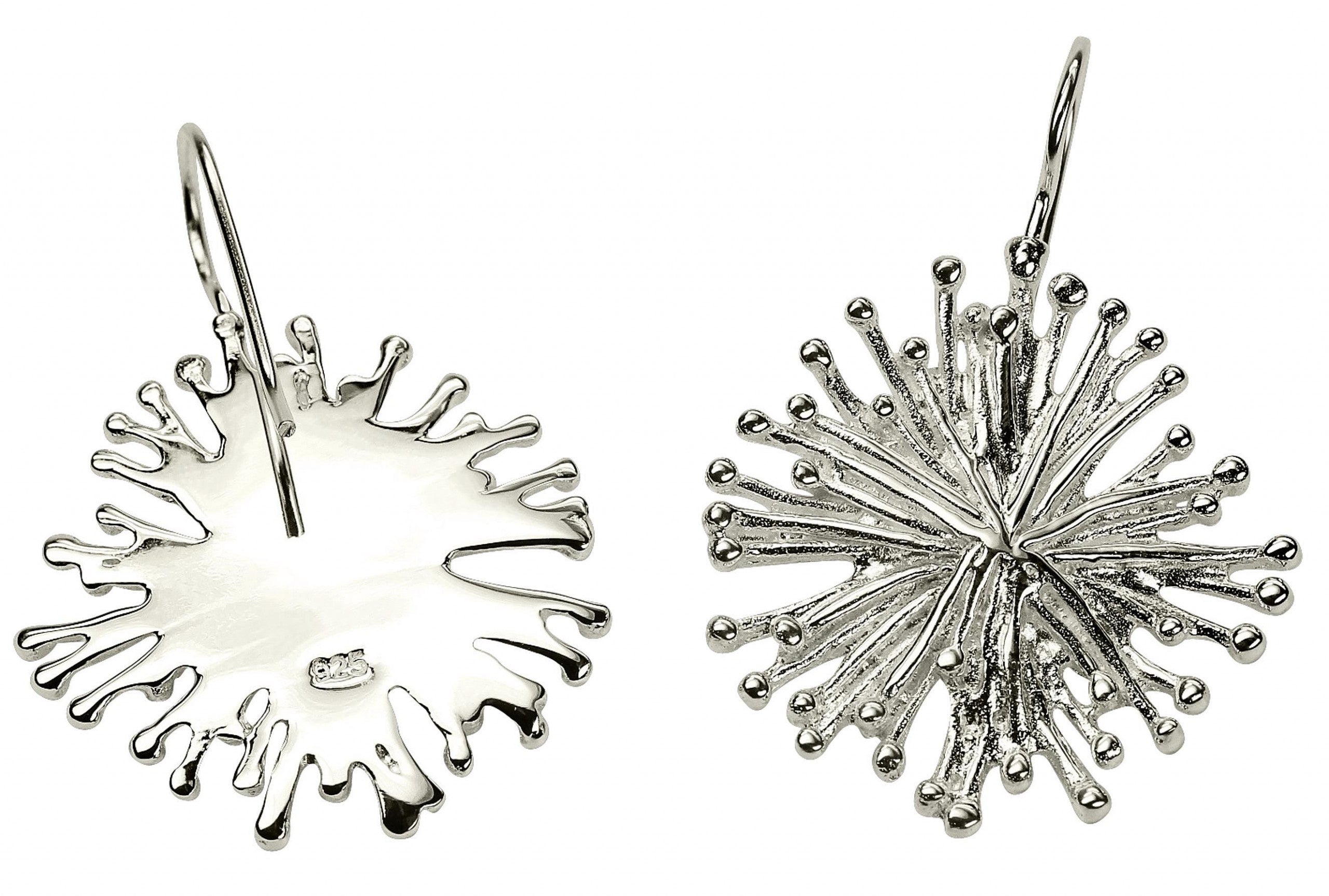 Auffälliger Ohrhänger aus Silber für Damen gefertigt in einer dynamischen Stäbchenoptik mit kleinen Kügelchen an den Spitzen.