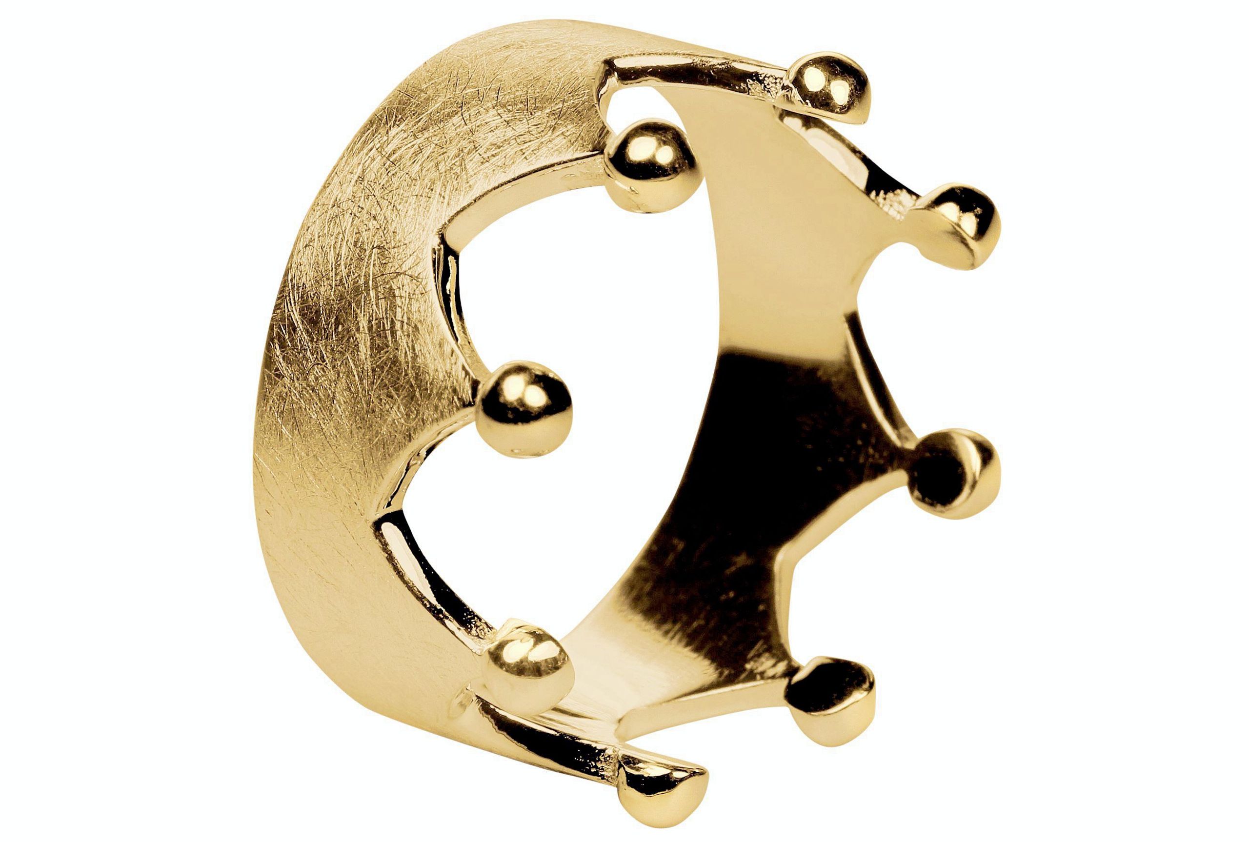 Ein Kronenring in den Größen 64 bis 70 mit acht Zacken und acht Kügelchen an der Spitze, gefertigt aus Silber und mit Gold plattiert.